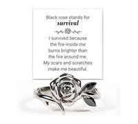 Black Rose Ring for Women Silver Rose Sel Love Friend Ring Burned and Survived Flower Ring Blooming Inspirational Friendship Ring Best Friend Motivational Jewelry, black 7, Metal, No Gemstone