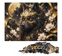 Black Rottweiler Dog with Gold Accents Wooden Jigsaw for Adults | Adult Puzzle - quiet evening activity in spare time.