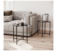 (Black Round) 2 Pcs Square Round Marble Effect Tops Side End Coffee Table Metal Frame