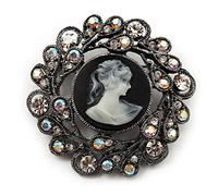 Black Round Crystal Cameo Brooch (Gun Metal Finish)