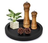 Black Round Decorative Tray for Coffee Dining Table Countertop Small Wooden Serving Trays Farmhouse Kitchen Home Living Room Decor and Bathroom Accessories Rustic Wood Candle Holder Centerpiece Tray