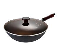 Black Round Iron Wok Pans, 12.6Inch Diversion Port Design Hand Hammered Round Bottom Woks, Chinese Wok with Lid and Wooden Helper Handle, for Electric, Induction and Gas Stoves