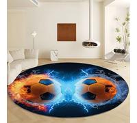 Black Round Rug Diameter 140 cm Short Pile Non Slip Round Carpet, Surrealism Ice And Fire Football Machine Washable Soft Faux Wool Rugs - Easy Care for Bedroom Living Room Nursery Entryway