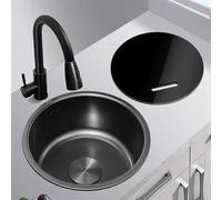 Black Round RV Sink Small kitchen Sinks Single Bowl Countertop 304 Stainless Steel Drop-In or Undermount With Accessories(C,38cm/15in)