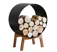 Black Round Steel "Barrel" Log Holder with Wooden Legs Contemporary Fireside Firewood Rack Stylish and Durable Heavy Duty Metal Indoor or Outdoor Use Fireplace Accessory Home Wood Storage