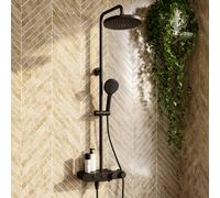 Black Round Thermostatic 3 Outlet Mixer Shower Set with Bath Filler Spout Push Buttons and Shelf- Mika