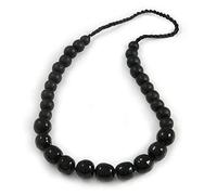 Black Round Wood and Ceramic Oval Beaded Cotton Cord Necklace - 70cm Long