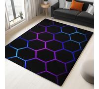 Black Rugs Living Room - Neon Lights Geometry Hexagons Printed Rugs for Bedroom 160 x 230 cm, Super Soft Minimalist Kitchen Rug Non Shedding Short Pile Carpet Easy Care for Hallway Office