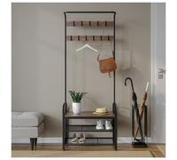 URBNLIVING Entryway Hall Coat Hanger Hooks Stand with Shoe Bench Storage Display Rack Unit, Stylish & Space Saving Decor for Your Home's Hallway (Black & Rustic Oak)