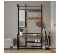 URBNLIVING Entryway Hallway Coat Hanger Stand Shoe Bench Storage Mirror Included Stylish Organization for Coats, Shoes, and Accessories Perfect for Entryways and Hallways (Black & Rustic Oak)