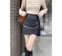 (black, S) Irregular PU Leather High-Waist A-Line Skirt for Women - 2023 Autumn/Winter Collection.