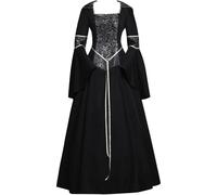 (black, S) Women Medieval Hooded Long Dress Renaissance Queen Witch Vampire Costume Dress