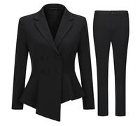 (Black, S) Women's 2 piece women's double breasted asymmetrical slim fit suit (blazer pants)