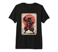 Black Samurai Cat Katana Japanese Kanji Characters Sun Premium T-Shirt