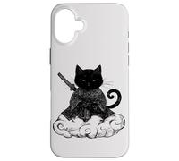 Black Samurai Cat surfing on a Cloud Anime cat Martial arts Case for iPhone 16 Plus