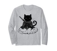 Black Samurai Cat surfing on a Cloud Anime cat Martial arts Long Sleeve T-Shirt