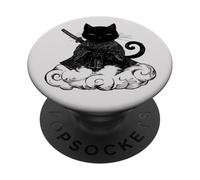 Black Samurai Cat surfing on a Cloud Anime cat Martial arts PopSockets Adhesive PopGrip