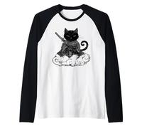 Black Samurai Cat surfing on a Cloud Anime cat Martial arts Raglan Baseball Tee