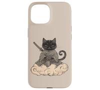Black Samurai Cat surfing on a Cloud Anime Cat Zen Warrior Case for iPhone 15