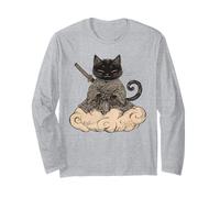Black Samurai Cat surfing on a Cloud Anime Cat Zen Warrior Long Sleeve T-Shirt