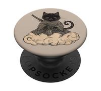 Black Samurai Cat surfing on a Cloud Anime Cat Zen Warrior PopSockets Adhesive PopGrip