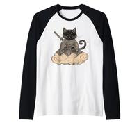 Black Samurai Cat surfing on a Cloud Anime Cat Zen Warrior Raglan Baseball Tee