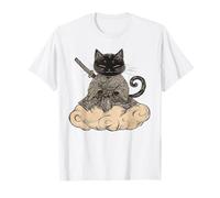 Black Samurai Cat surfing on a Cloud Anime Cat Zen Warrior T-Shirt