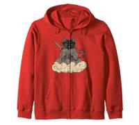 Black Samurai Cat surfing on a Cloud Anime Cat Zen Warrior Zip Hoodie