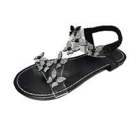 Black Sandals for Women Ladies Summer Rhinestone Pearls Flat Bottom Transparent One Strap Large Size Sandals Slippers