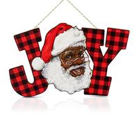 Black Santa African American Christmas Decorations Joy Letter Sign Red Buffalo Plaid Wood Joy Wall Hanging Xmas Wooden Letter Ornaments for Holiday Indoor Outdoor Home Decoration