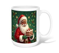 Black Santa Claus Cherries Cake Christmas Ceramic Coffee Mug 15oz | Holly Leaves, Drinking Cup, Cherries Cake, Classic Illustration, Winter Spirit, Cozy Atmosphere