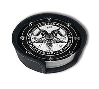 Black Satanic Goat Pentagram Coasters for Drinks with Holder, Leather Coasters Set of 6, Round Cups Mugs Mat Pad for Home Kitchen