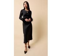 Black Satin Feather Trim Sleeve Midaxi Dress Little Mistress Black 10