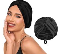 Black Satin Hair Turban with Twisted-Knot Front & Adjustable Elastic Strap - Breathable Double-Layered Fabric for Overnight Wear, Frizz Reduction, Scalp Comfort & All Hair Types