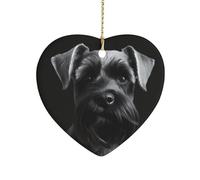Black Schnauzer Dog Ceramic Christmas Ornaments Double Sided Porcelain Hanging Heart Pendant for Xmas Tree, Holiday Home Decor and Gift Party Decorations