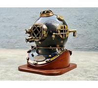 Black Scuba Diving Helmet With Wooden Base | US Navy Mark V Deep Sea Nautical Helmet | Maritime Ship's Decorative Helmet