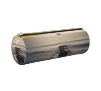Black Sea Printed Cylindrical Leather Pencil Case for Girls Boys, Gold Zipper Pencil Bag Pen Pouch Organizer for Student School Office College