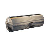 Black Sea Printed Cylindrical Leather Pencil Case for Girls Boys, Silver Zipper Pencil Bag Pen Pouch Organizer for Student School Office College