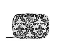 Black Seamless Damask Flowers Ornate Seamless on White Pill Case with Removable Internal Plastic Boxes Organizer, Zippered Carrier Small Medicine Bag Holder, Travel Storage Container