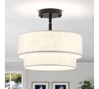 Black Semi Flush Ceiling Light for Living Room, 3-Light Fabric Shade, E27 | Modern Ceiling Light for Bedroom Hallway Lounge, Round Double Drum Linen Shade, Ø32 cm Small Ceiling Light Fittings, Dimmable