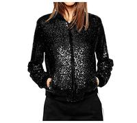 Black Sequin Jackets for Women Zip Up Sparkly Bomber Jacket Glitter Baseball Jackets with Pockets Fashion Long Sleeves Biker Jacket Solid Colour Lightweight Shiny Outwear Plus Size
