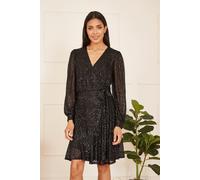 Black Sequin Long Sleeve Frill Wrap Dress Mela Black 16
