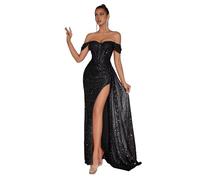 Black Sequin Off Shoulder Evening Gown - High Slit, Lace-Up Back & Formal Maxi Dress