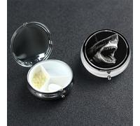 Black Shark Head Pill Box 3 Compartment Round Portable Pill Case for Pocket or Purse Small Weekly Medicine Planner Travel Pillbox with Mirror Decorative Metal Vitamin Holder Gifts