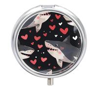 Black Shark Red Heart Pill Case Box with 3 Compartment Medicine Vitamin Organizer for Purse Pocket 5x5cm