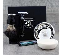 Black Shaving Set Featuring Pure Black Badger Brush & De Safety Razor Along with Soap & Stainless Steel Bowl. Perfect Shaving Set.
