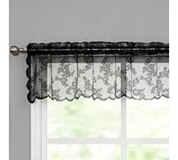 Black Sheer Valance Kitchen Curtain 56 x 15 Inch Floral Lace Curtain Panels for Living Room Light Filtering Embroidery Sheer Cafe Valances for Bedroom Rod Pocket Window Treatments, 1 Piece