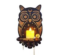 Black Shelfs with LED Candle Rustic Boho Shelfs, Wooden Fox Shelf for Crystals, Wall Mounted Crystal Display Stand, Wooden Hanging Floating Shelves For Crystal Holder, Collectibles, Spiritual(owl)