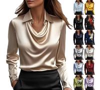 Black Shirt Womens, Women's Silk Satin Shirt Cowl Neck Ruched Front Draped Top Fitted Long Sleeve Collar Blouses for Women UK Elegant Smart Formal Office Work Wear 09-Rose Gold 12