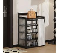 Black Shoe Rack with Dustproof Curtain, Wooden Entryway Storage nizer, Removable Shelves, Translucent Side Panels for Bedroom, Hallway, 90x23x75cm